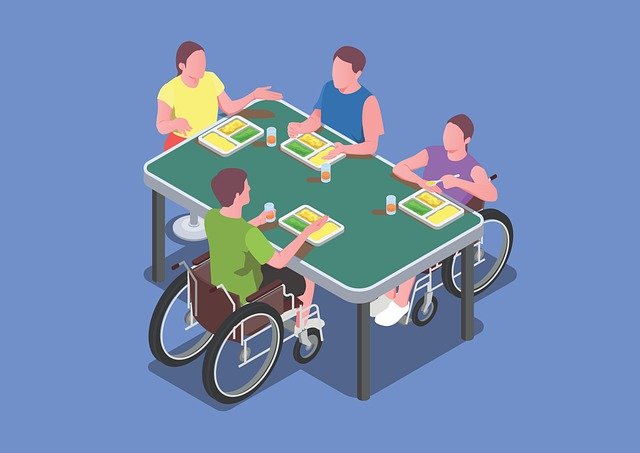 Disability integration graphic with people in wheelchairs sitting alongside others around a table.
