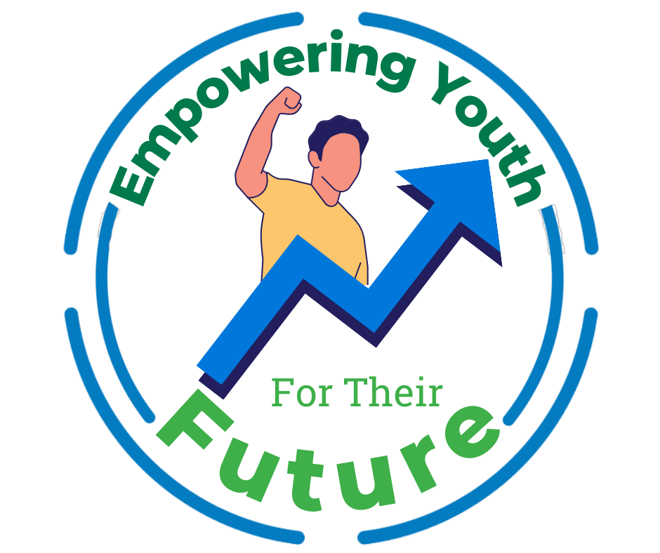 Empowering Youth for the Future graphic. Blue circle with a stepped arrow pointing up and a youth with his arm raised in a yellow t-shirt.
