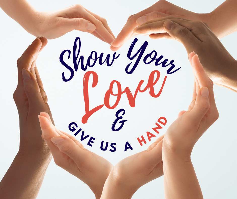 Show us your love & give us a hand. 3pairs of hands forming a heart.